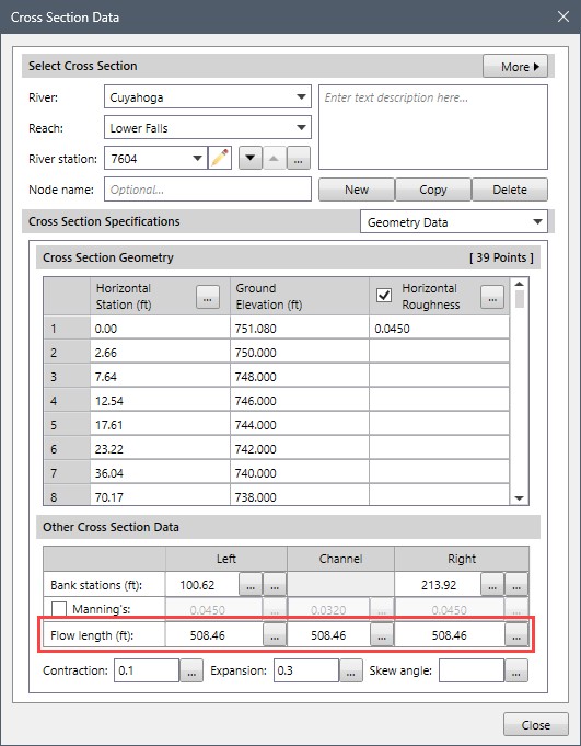 Cross Section Data dialog box