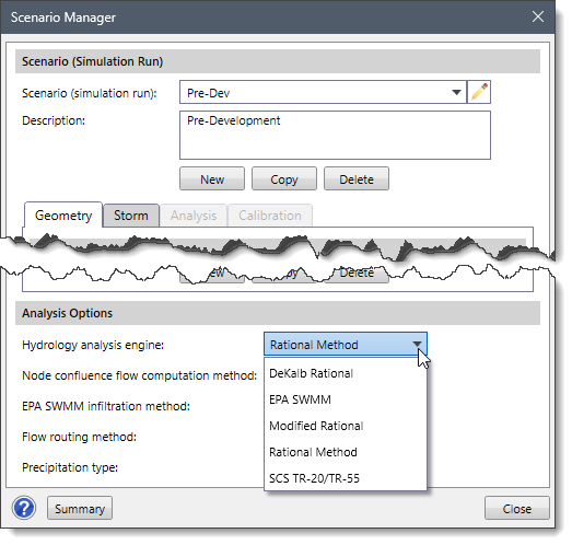 Hydrology analysis engine dropdown combo box
