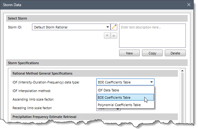 IDF (Intensity-Duration-Frequency) data type dropdown combo box