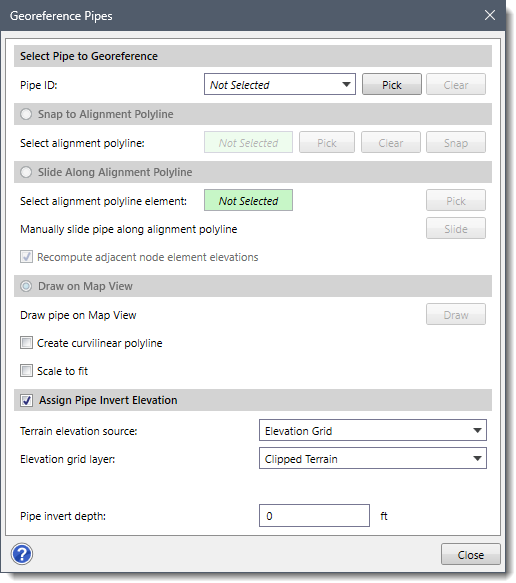 Georeference Pipes dialog box
