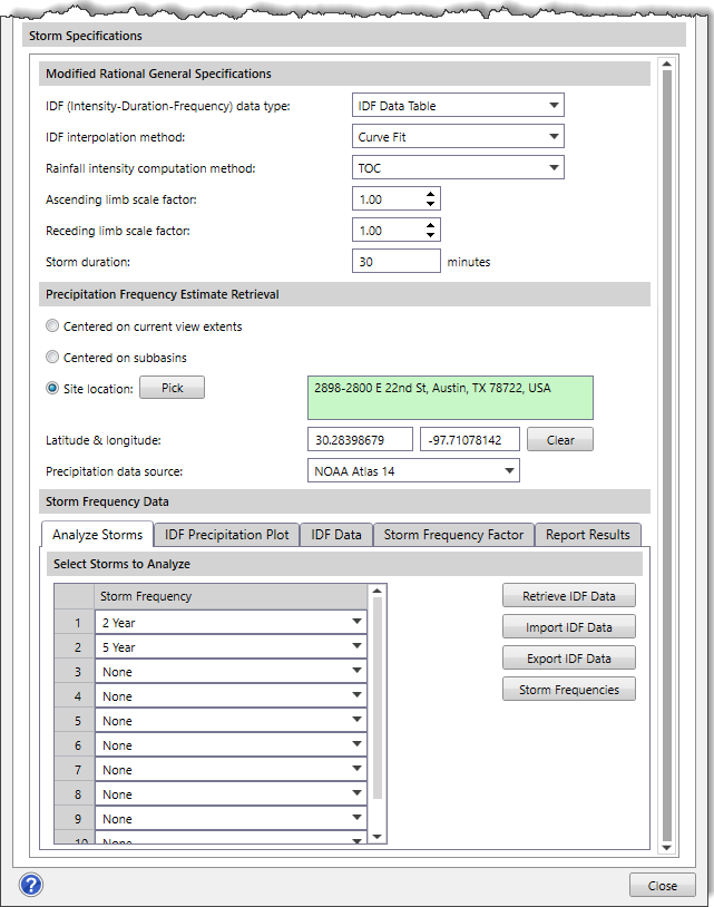 Storm Specifications section - Modified Rational hydrology method