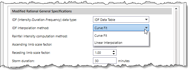 IDF (Intensity-Duration-Frequency) data type dropdown combo box - IDF Data Table