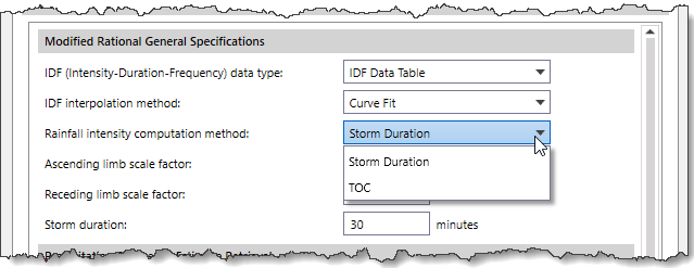 Rainfall intensity computation method dropdown combo box