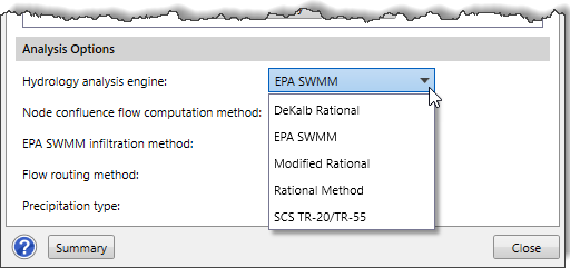 Hydrology analysis engine dropdown combo box