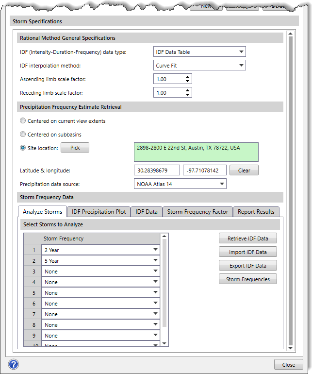 Storm Specifications section - Rational Method hydrology method 