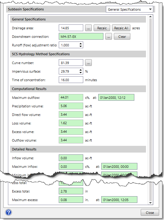 General Specifications data panel when the SCS TR-20/TR-55 hydrology method is selected