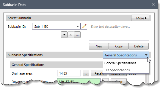 Subbasin Specifications dropdown selector
