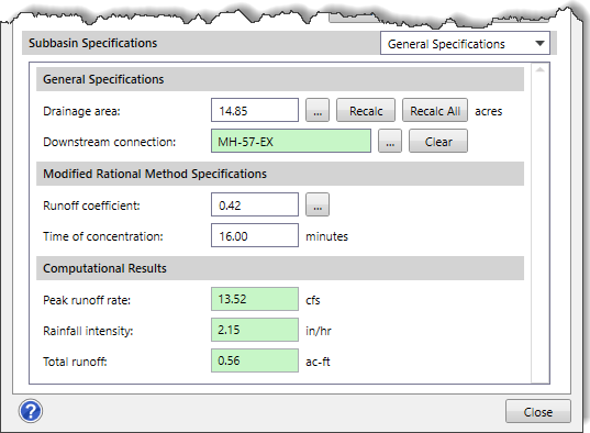 General Specifications data panel when the Modified Rational hydrology method is selected