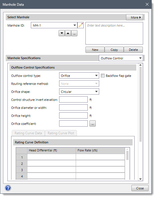 Manhole Data Dialog Box - Outflow Control Panel