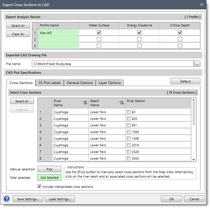 Export Cross Sections to CAD dialog box
