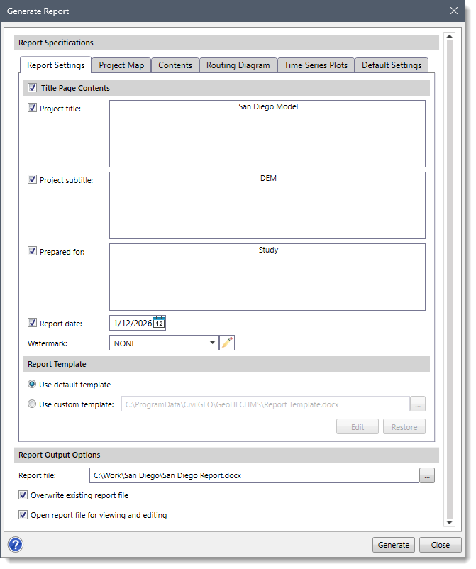 Generate Report dialog box