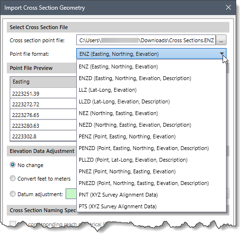 Point file format dropdown combo box