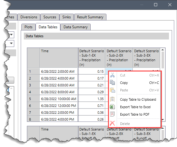 Right - click context menu commands within table