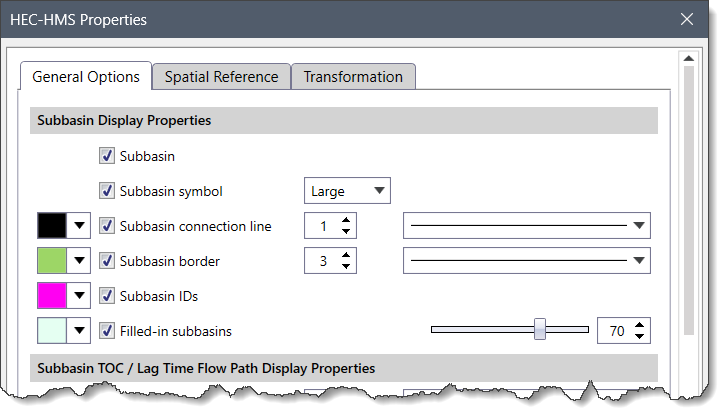 Subbasin Display Properties section