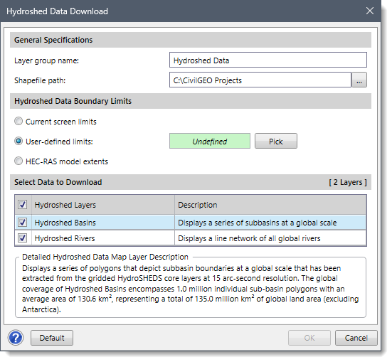 Hydroshed Data Download dialog box