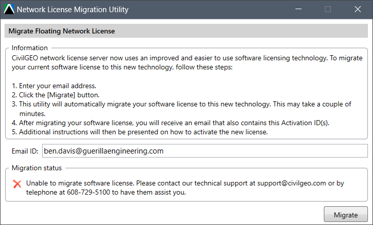 Unable to migrate the software license error