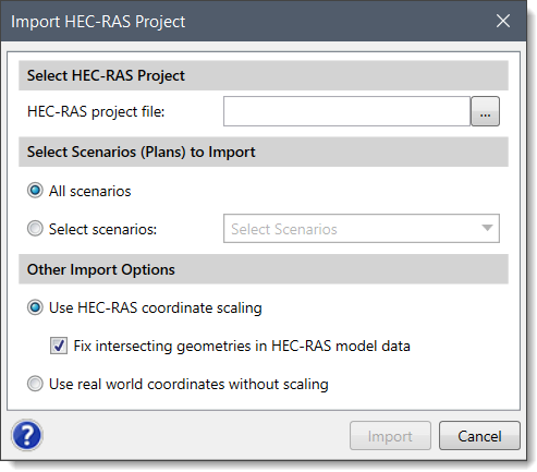 Import HEC-RAS Project Dialog Box