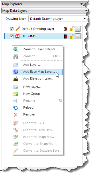 Map Data Layers panel - Add Base Map Layer context menu command