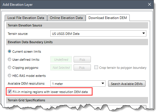Fill-in missing regions with lower resolution DEM data checkbox option