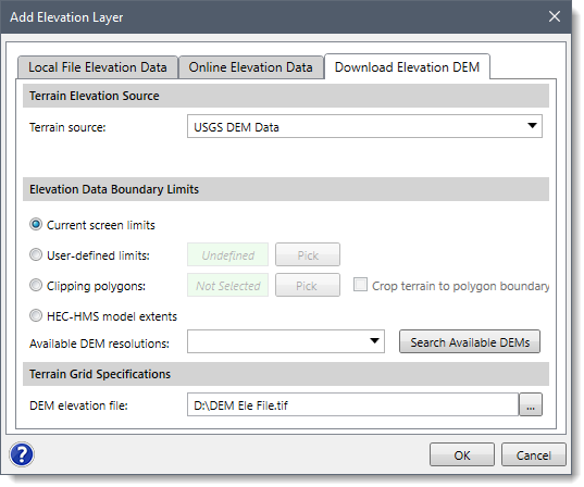 USGS DEM Data option in the Terrain source dropdown combo box