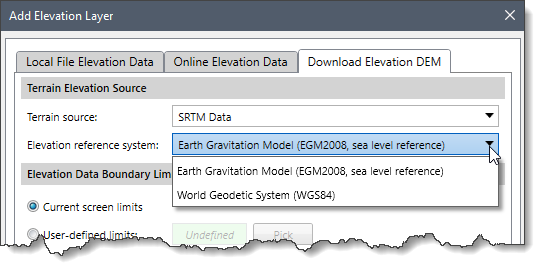 Elevation reference system dropdown combo box