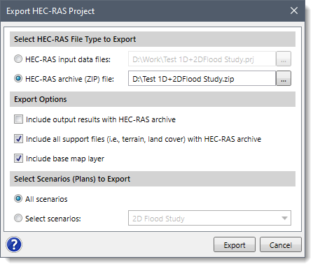 Export HEC‑RAS Project dialog box