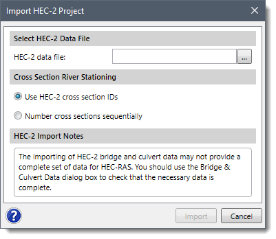Import HEC‑2 Project dialog box