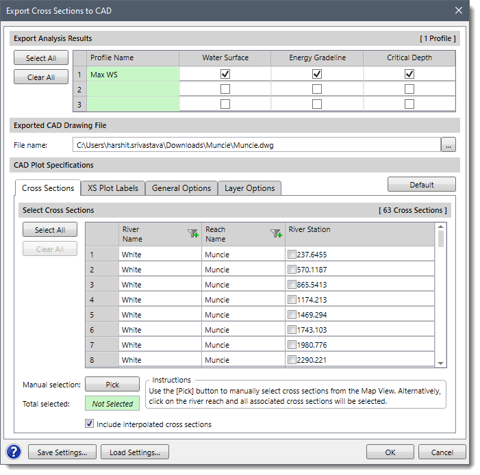 Export HEC-RAS cross sections to Microstation CAD dialog box