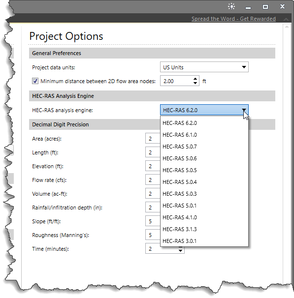 Project Options- HEC-RAS analysis engine dropdown combo box