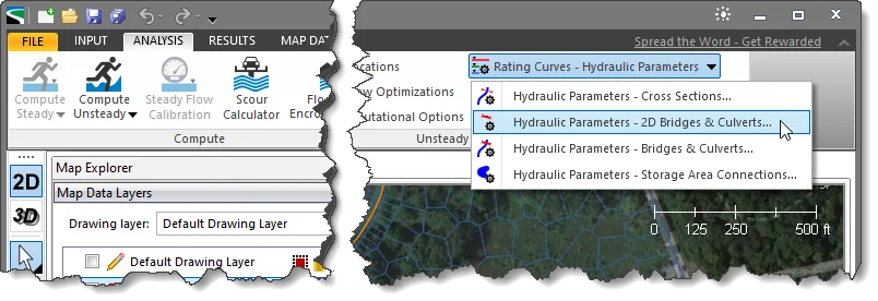 Hydraulic Parameters – 2D Bridges & Culverts from Rating Curves – Hydraulic Parameters dropdown menu of Analysis ribbon menu command