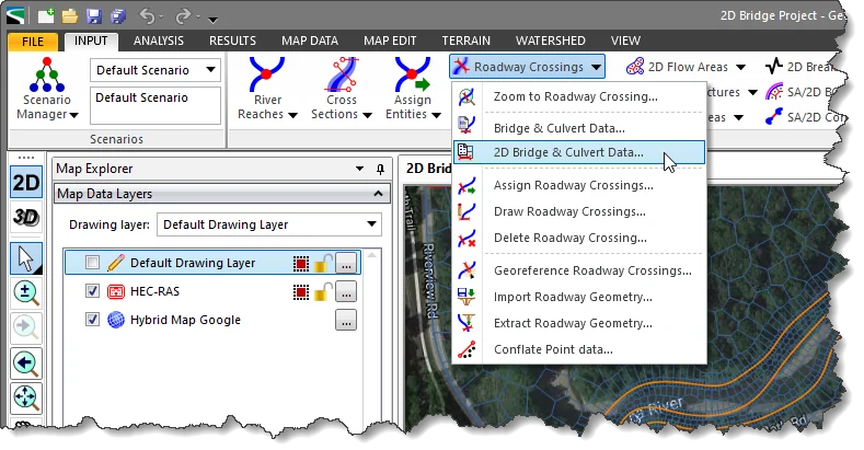 2D Bridge & Culvert Data from Roadway Crossings dropdown menu of input ribbon menu command