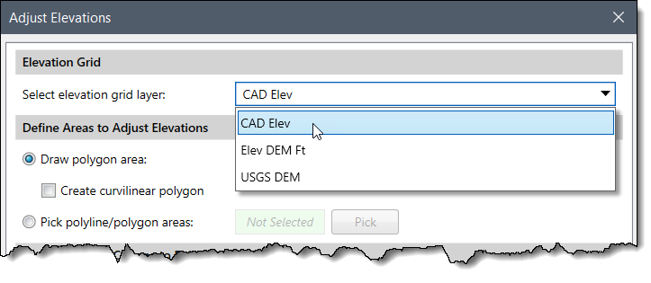 Select elevation Grid Layer Dropdown Combo Box