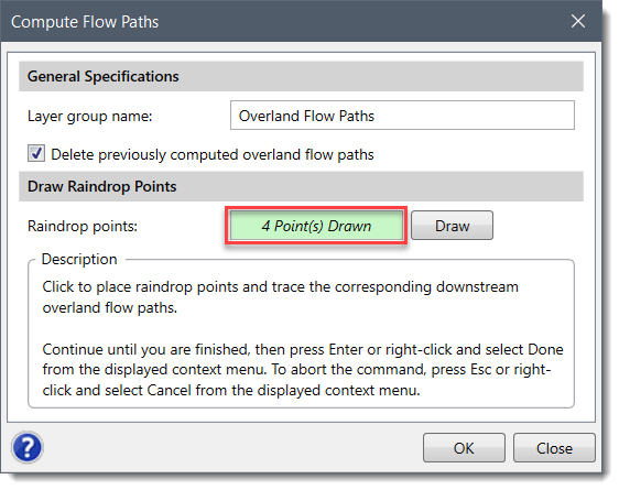 Compute Flow Paths Dialog Box - Selected Raindrop Points