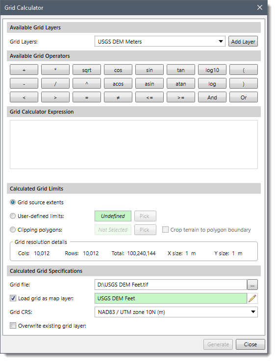 Grid Calculator dialog box