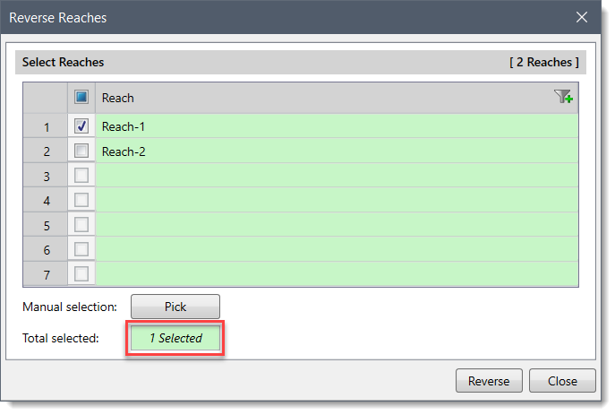 Selecting reaches in Reverse Reaches dialog box