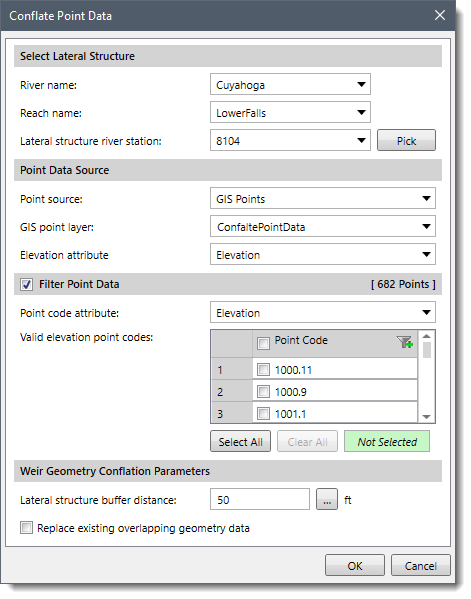 Lateral Structures menu item - Conflate Point Data dialog box Image 7