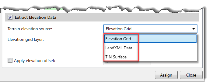 Extract Elevation Data section - list of supported surface types