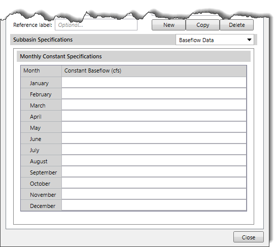 Baseflow Data panel for Monthly Constant method