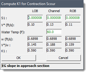 Compute K1 for Contraction Scour dialog box