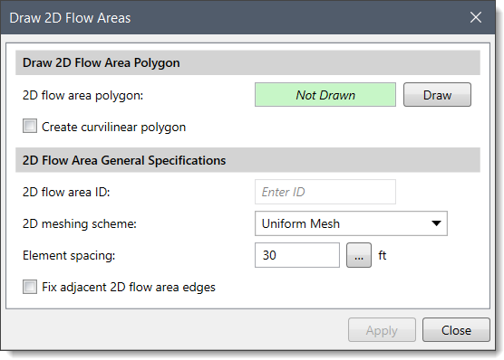 Draw 2D flow areas command dialog box