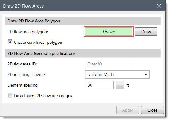 2D flow area polygon read-only field drawn