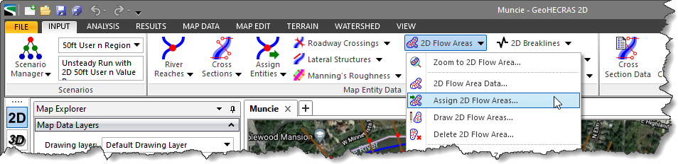 Assign 2D flow areas command input ribbon menu