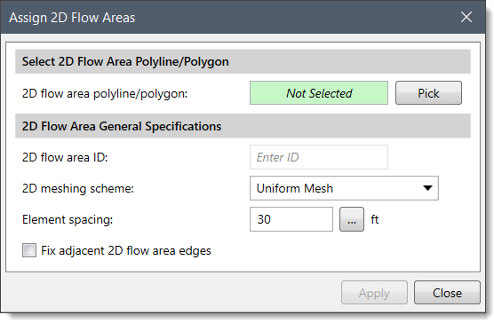 Assign 2D flow areas command dialog box