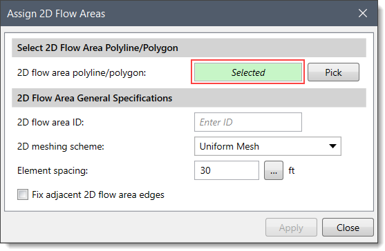 2D flow area polyline/polygon read-only field selected