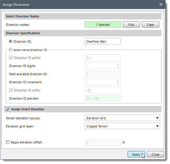 [Apply] button – Assign Diversions dialog box