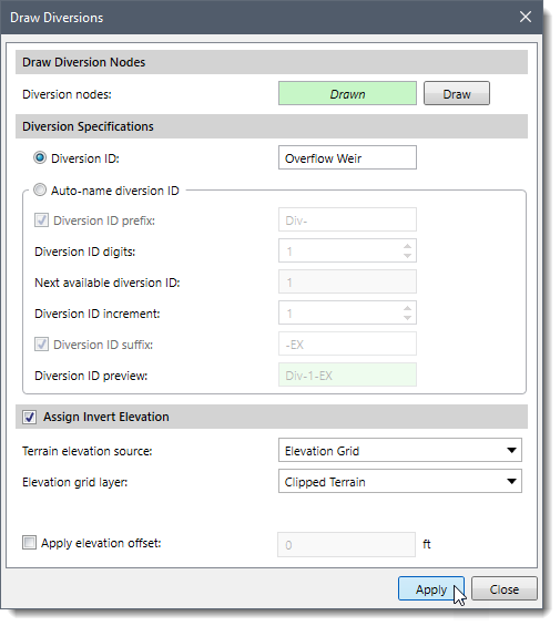 [Apply] button – Draw Diversions dialog box