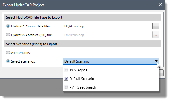 Select Scenarios (Plans) to Export - Select Scenarios dropdown