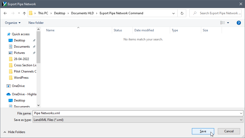 Export Pipe Network file open dialog box