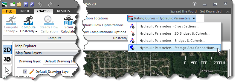 Hydraulic Parameters - Storage Area Connections analysis ribbon menu command