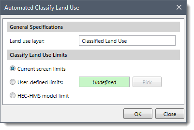 Automated Classify Land Use dialog box